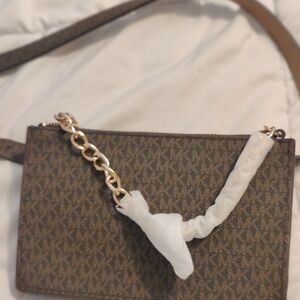 Michael Kors Monogram Brown Belted Fanny Bag with Gold Chain